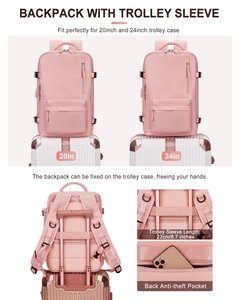 Detalle de mochila de viaje rosa con cinta para maleta y bolsillo antirrobo trasero.