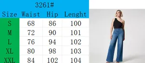 Detailed size chart for women's wide leg jeans including waist and length measurements
