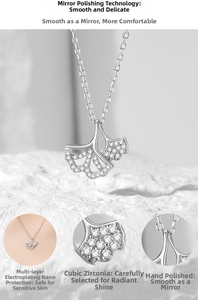 Detail of s925 silver ginkgo leaf necklace with cubic zirconia inlays and plating
