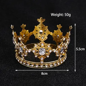 Golden hollow alloy tiara with white rhinestones, 5.5cm height and 8cm diameter crown