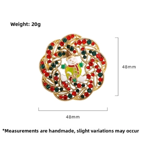 Detailed size view of a 48mm Christmas wreath brooch with colorful rhinestones and snowman