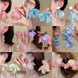 Floral tassel pearl earrings set in soft pink blue and purple colors for summer