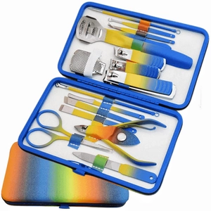 Rainbow gradient stainless steel manicure set with travel case and assorted nail grooming tools