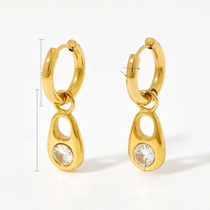 Detailed view of gold stainless steel teardrop earrings with zircon and size dimensions