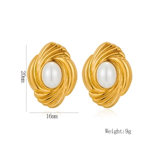 Elegant gold-plated swirl shell earrings with pearl inlay, size 20mm by 16mm