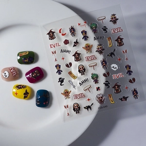 5D embossed Halloween nail stickers with cartoon devil, ghost, and reaper patterns