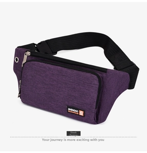 Detail view of purple sports waist bag showing oxford fabric texture and metal earphone hole