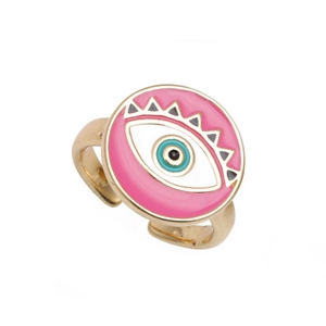 Pink evil eye open ring with gold finish and colorful enamel detailing on white background