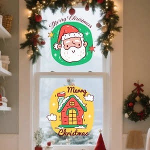 Detailed view of snowman and santa window stickers with warm festive decorations