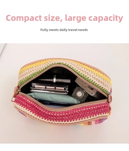 Macro view of multi-color woven small square bag showing large interior storage capacity