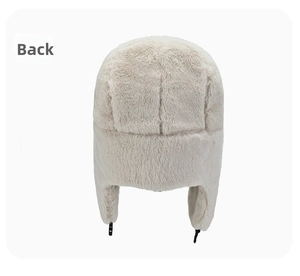 Detail view of the back of a beige plush trapper hat featuring a black buckle