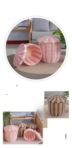 Detailed macro view of woven paper rope storage basket with star-shaped handle lid