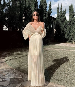 Robe Maxi Femme Col V Profond Manches Longues Transparent Rayé Polyester Taille Haute Plage Vacances Cover Up