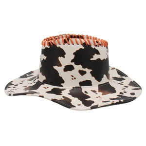Classic cow print western cowboy hat with orange hand-woven stitching details