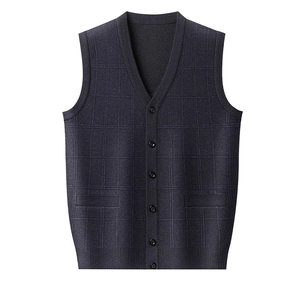 Men's knitted sweater vest V-neck sleeveless cardigan with check pattern in dark grey