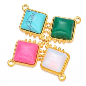 Pendentifs Carrés Acier Inoxydable Pierre Naturelle Bordure Perlée Style Vintage Pour Création Bijoux DIY Colliers Bracelets