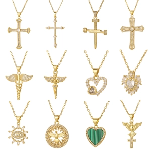 Women Fashion Copper Zirconia Pendant Necklace Gold Plated Cross Heart Evil Eye Angel Commuter Jewelry Gift