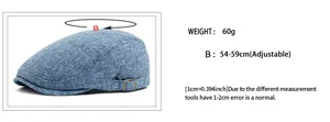 Size guide showing adjustable 54-59cm circumference for men's breathable linen flat cap