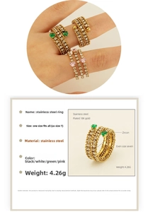 Detailed size specifications for a multi-layer 18k gold plated ring with cubic zirconia