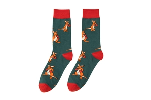 Green mid-calf cotton socks featuring kangaroo boxing patterns and red trim detail