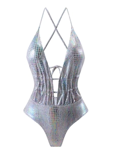 Holographic silver one-piece swimsuit with snakeskin texture and cross-strap detail