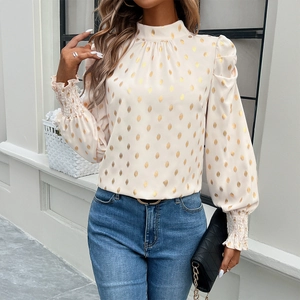 Women Blouse Polyester Gold Polka Dot Print Mock Neck Puff Long Sleeve Smocked Cuffs Elegant Commute Shirt