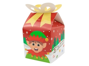 Detail of Christmas house-shaped gift box with festive elf print and top closure
