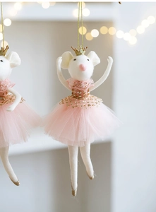 Close-up detail shot of hanging felt mouse ornament featuring pink tutu and gold crown decor.