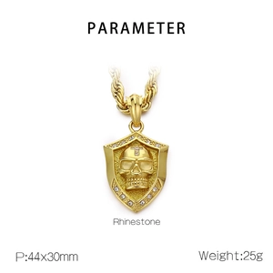 Detailed specs of punk skull shield pendant with rhinestones: 44x30mm size and 25g weight