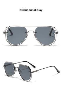 Detail view of Gunmetal C3 aviator sunglasses with hollow metal frame and dark grey lenses