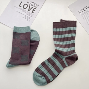 Detailed view of soft autumn plaid socks in purple and teal with stripe patterns