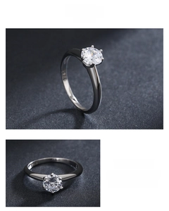 Macro view of S925 sterling silver ring featuring a six-prong solitaire cubic zirconia