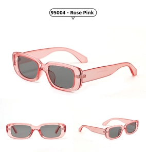 Three views of dusty pink rectangular sunglasses model 95004 with grey lenses