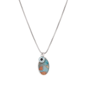 Vintage natural stone necklace with teal oval pendant and silver engraved disk charm