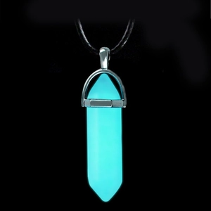 Luminous hexagonal crystal pillar pendant necklace with black cord and blue glow