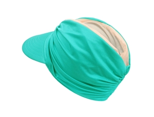 Detail of turquoise sun hat showing elastic pleated headband and wide curved brim