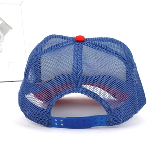 Detail view of the adjustable blue snapback closure on a mesh trucker baseball cap