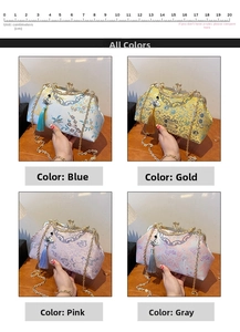 Detailed grid of four Chinese style brocade clutch bags in blue, gold, pink and grey