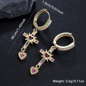 Gold heart and cross drop earrings with colorful zircon stones in a luxury design