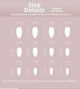 Tableau des tailles montrant 12 dimensions d'ongles en amande pour faux ongles bleu foncé