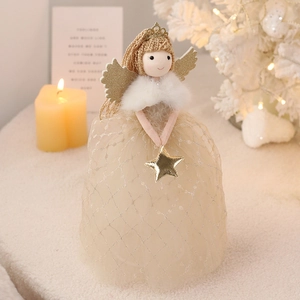 Cute knitted Christmas angel girl doll with gold wings and crown for tree top decor