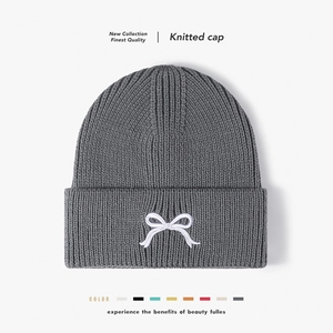 Women Bowknot Embroidery Acrylic Knitted Beanie Hat Ribbed Thickened Warm Winter Outdoor Headwear