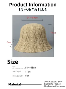 Detailed size chart for knitted bucket hat showing dimensions and cotton blend material