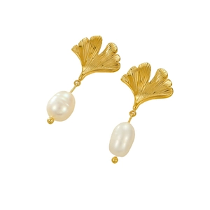 18K gold plated ginkgo leaf earrings with white freshwater pearl drops on white background