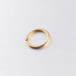 Close-up of a polished golden stainless steel flat key ring on a white surface