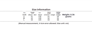 Detailed size chart for double-breasted wool coat with shoulder and bust measurements