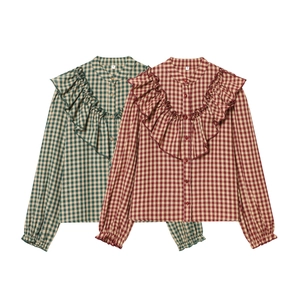 Plaid Blouse Polyester Ruffles Long Sleeve Vintage Button Down Casual Top For Women