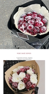Detail of Rose Gaize series showing red roses with white frost coating in gift packaging