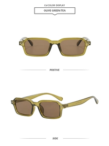 Detail view of retro square olive green sunglasses with tea lenses from front and side angles