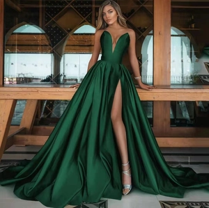 Elegant Satin Evening Dress Deep V-Neck High Slit Floor Length Party Gown For Women Formal Banquet Wedding Guest